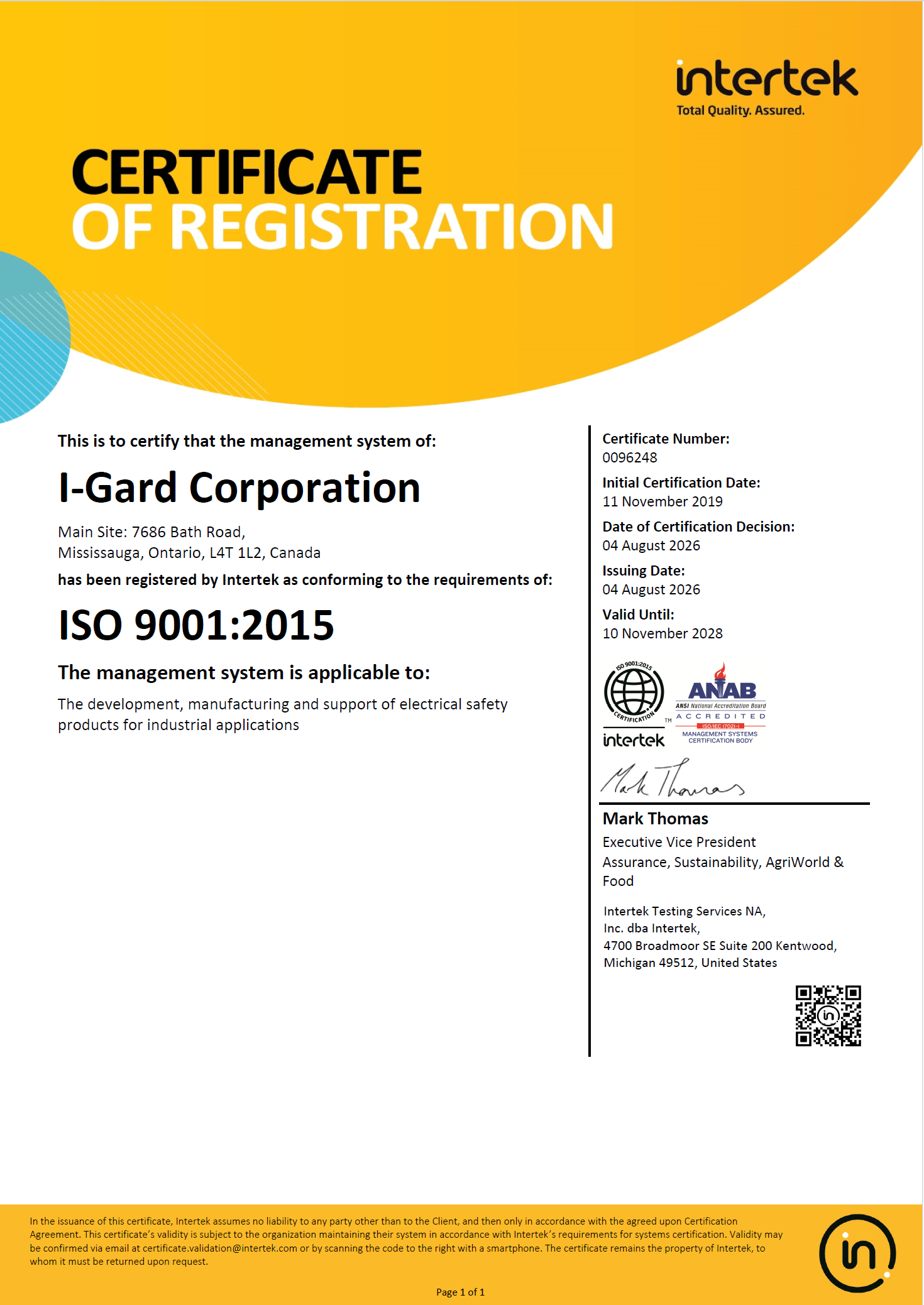 I-Gard Corporation ISO 9001:2015 certificate of registration, Intertek certificate number 0096248, valid until 10 November 2028